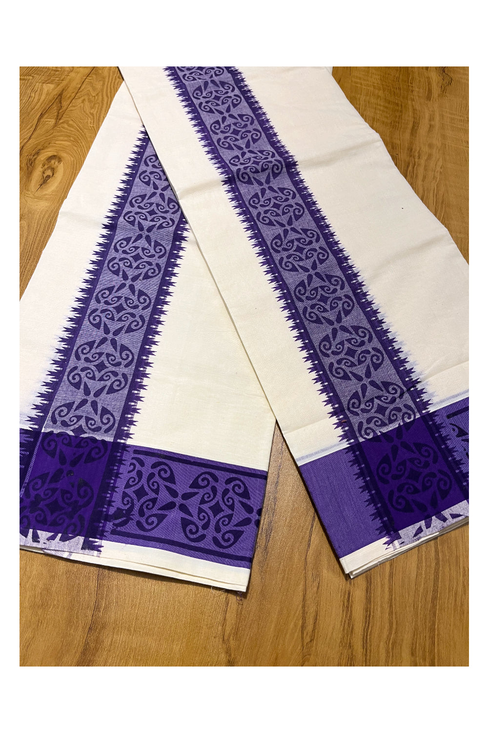 Kerala Cotton Single Set Mundu (Mundum Neriyathum) with Violet Block printed Border 2.80 mtr