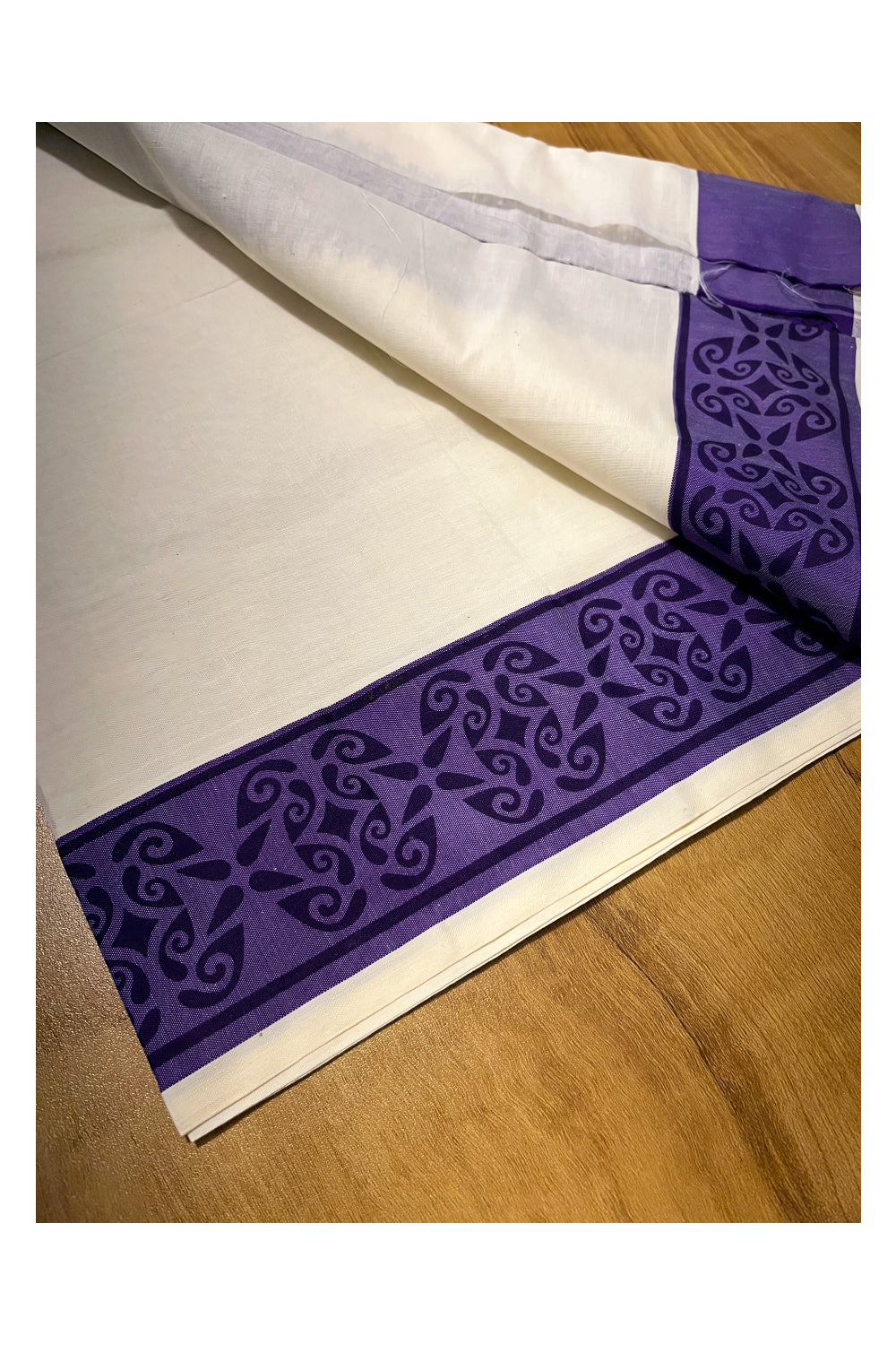 Kerala Cotton Single Set Mundu (Mundum Neriyathum) with Violet Block printed Border 2.80 mtr