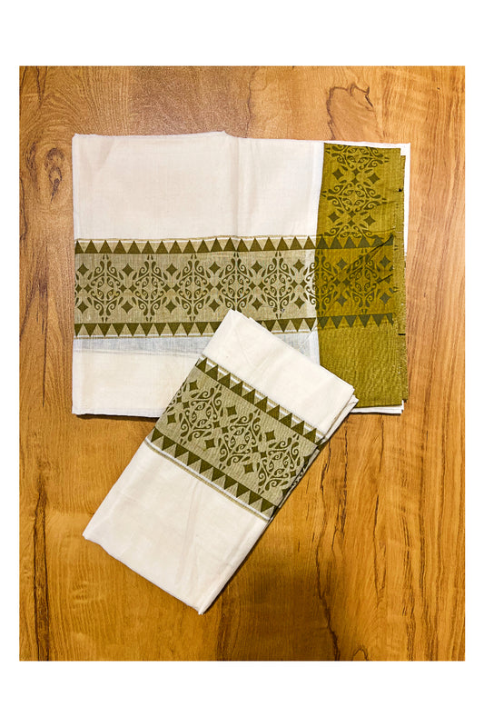 Kerala Cotton Single Set Mundu (Mundum Neriyathum) with Green Temple Block printed Border