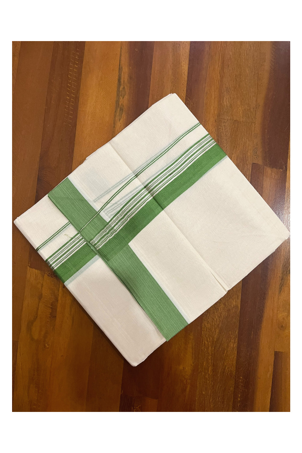 Pure Cotton 100x100 Double Mundu with Silver Kasavu and Green Border (Onam Mundu 2023)