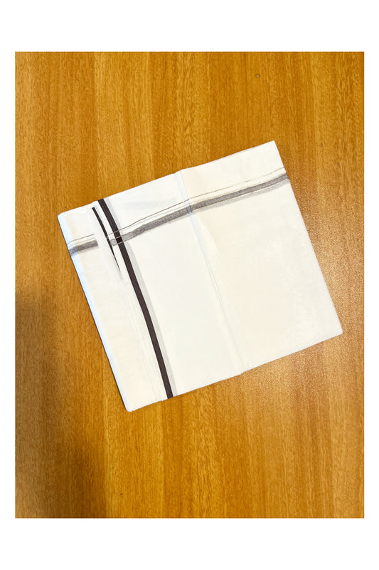 Pure White Cotton Double Mundu with Silver Brown Kara (South Indian Dhoti)
