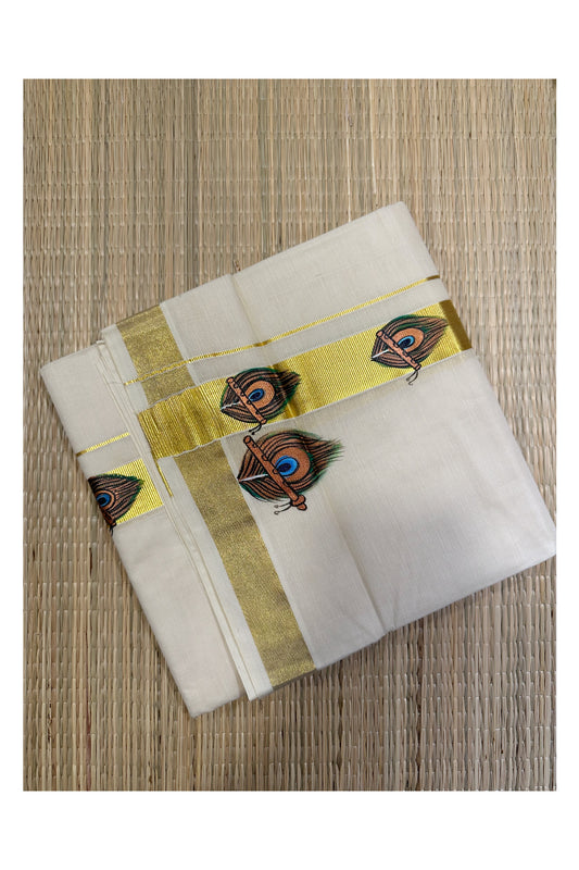 Off White Pure Cotton Double Mundu with Mural Hand Painted Design on Golden Kasavu Kara (South Indian Kerala Dhoti)