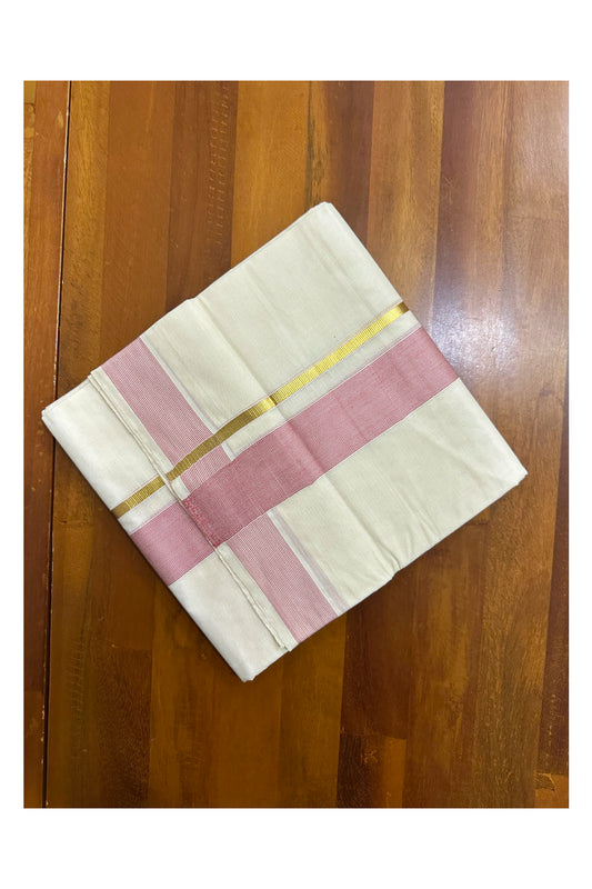 Pure Cotton Mundu with Pink Lines and Kasavu Border (South Indian Kerala Dhoti)