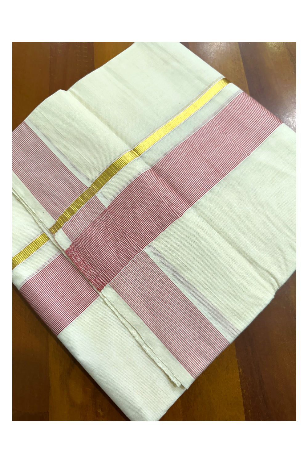 Pure Cotton Mundu with Pink Lines and Kasavu Border (South Indian Kerala Dhoti)