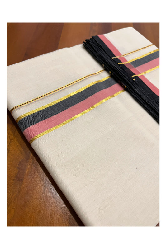 Southloom Premium Balaramapuram Unakkupaavu Handloom Mundu with Pink Black and Kasavu Border (South Indian Kerala Dhoti)