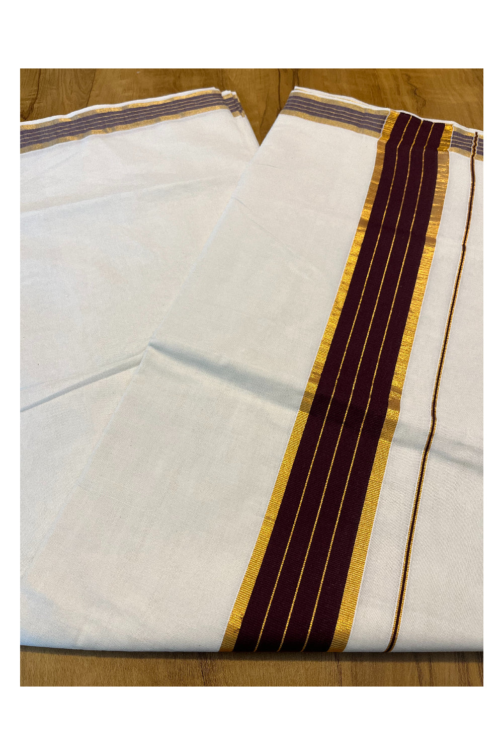 Pure Cotton Kerala Saree with Brown and Kasavu Lines Border and Pallu