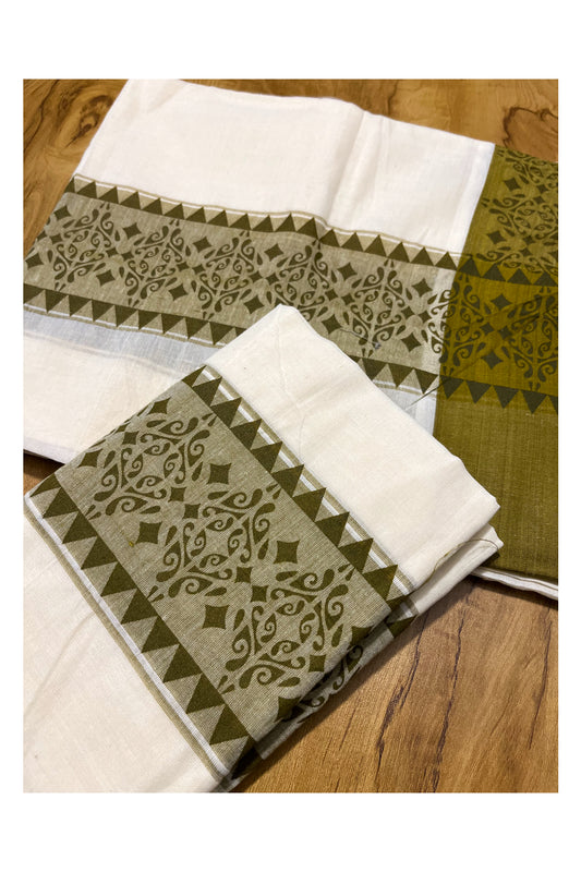 Kerala Cotton Single Set Mundu (Mundum Neriyathum) with Green Temple Block printed Border