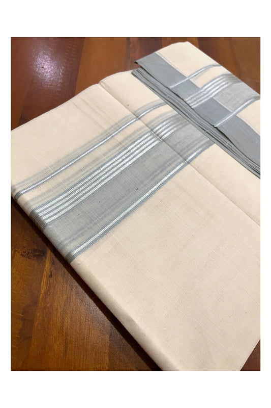 Pure Cotton 100x100 Double Mundu with Bluish Grey and Silver Kasavu Border (Onam Mundu 2023)