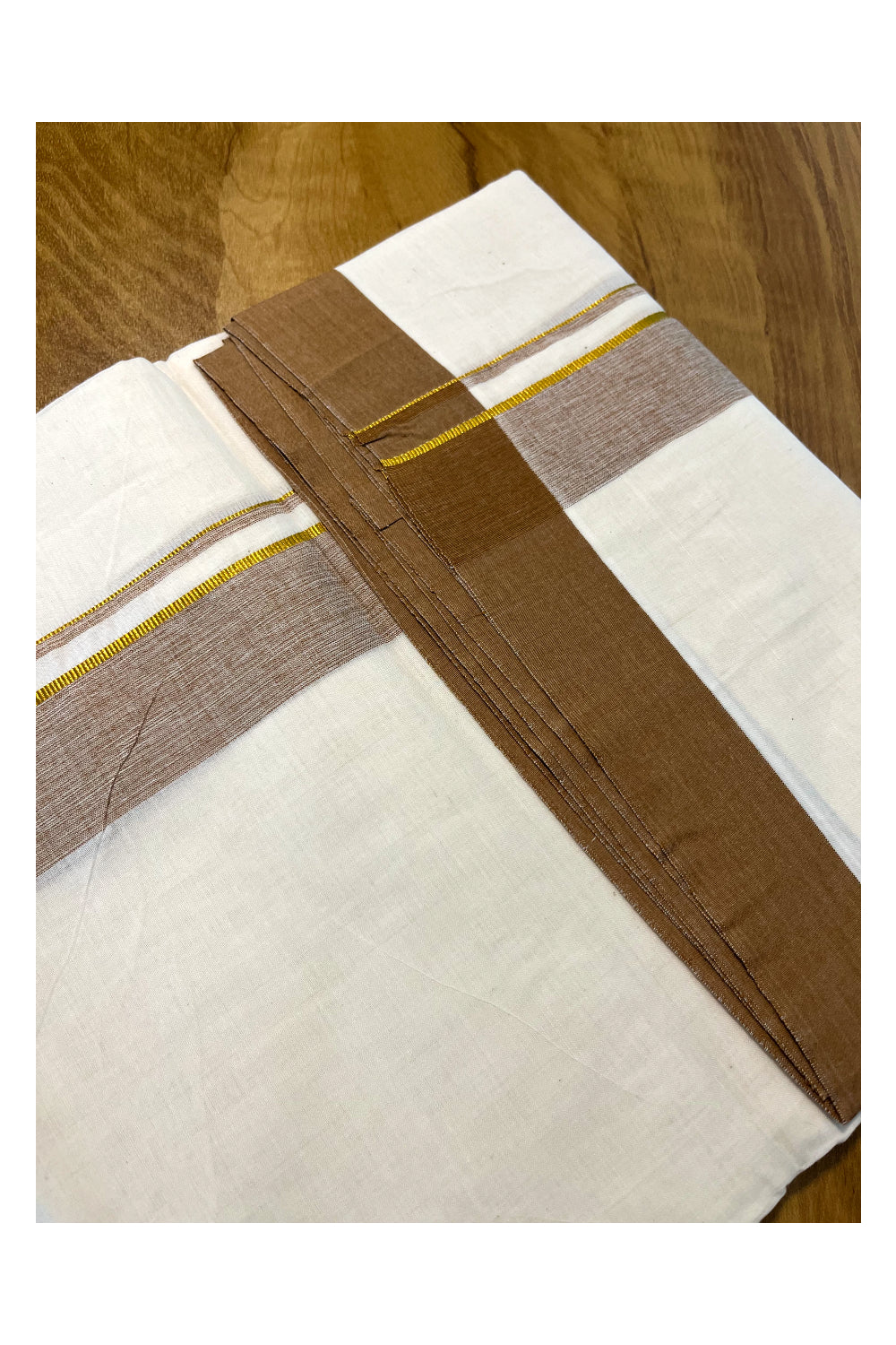 Pure Cotton Off White Double Mundu with  Kasavu and Brown Border (South Indian Kerala Dhoti)