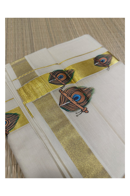 Off White Pure Cotton Double Mundu with Mural Hand Painted Design on Golden Kasavu Kara (South Indian Kerala Dhoti)