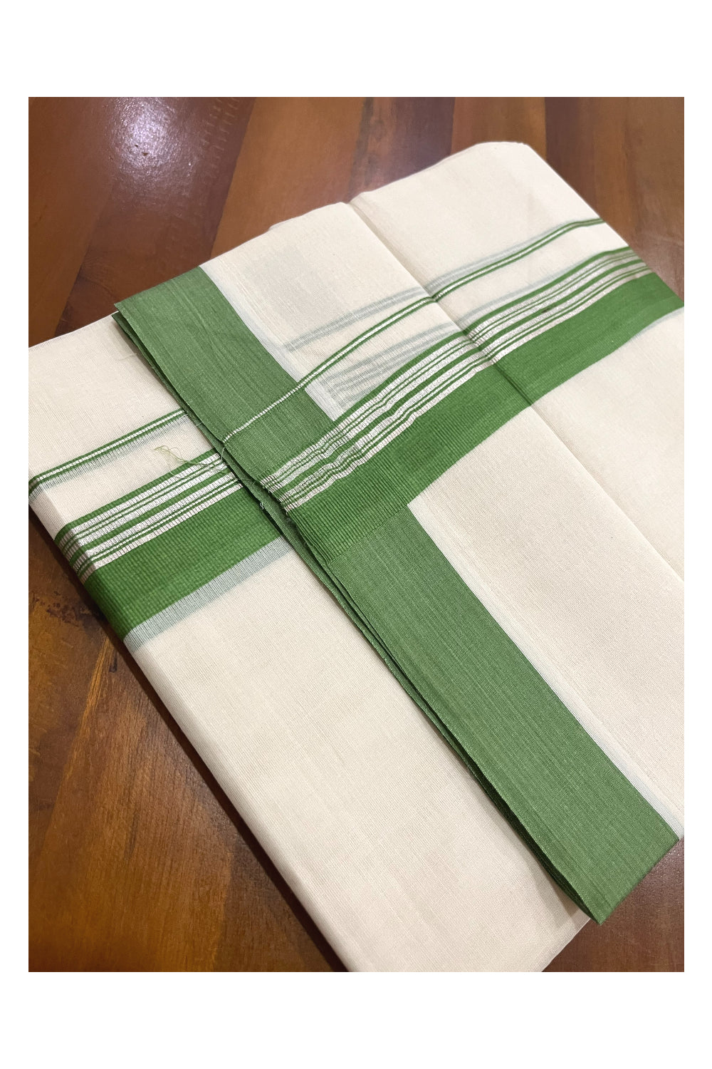 Pure Cotton 100x100 Double Mundu with Silver Kasavu and Green Border (Onam Mundu 2023)