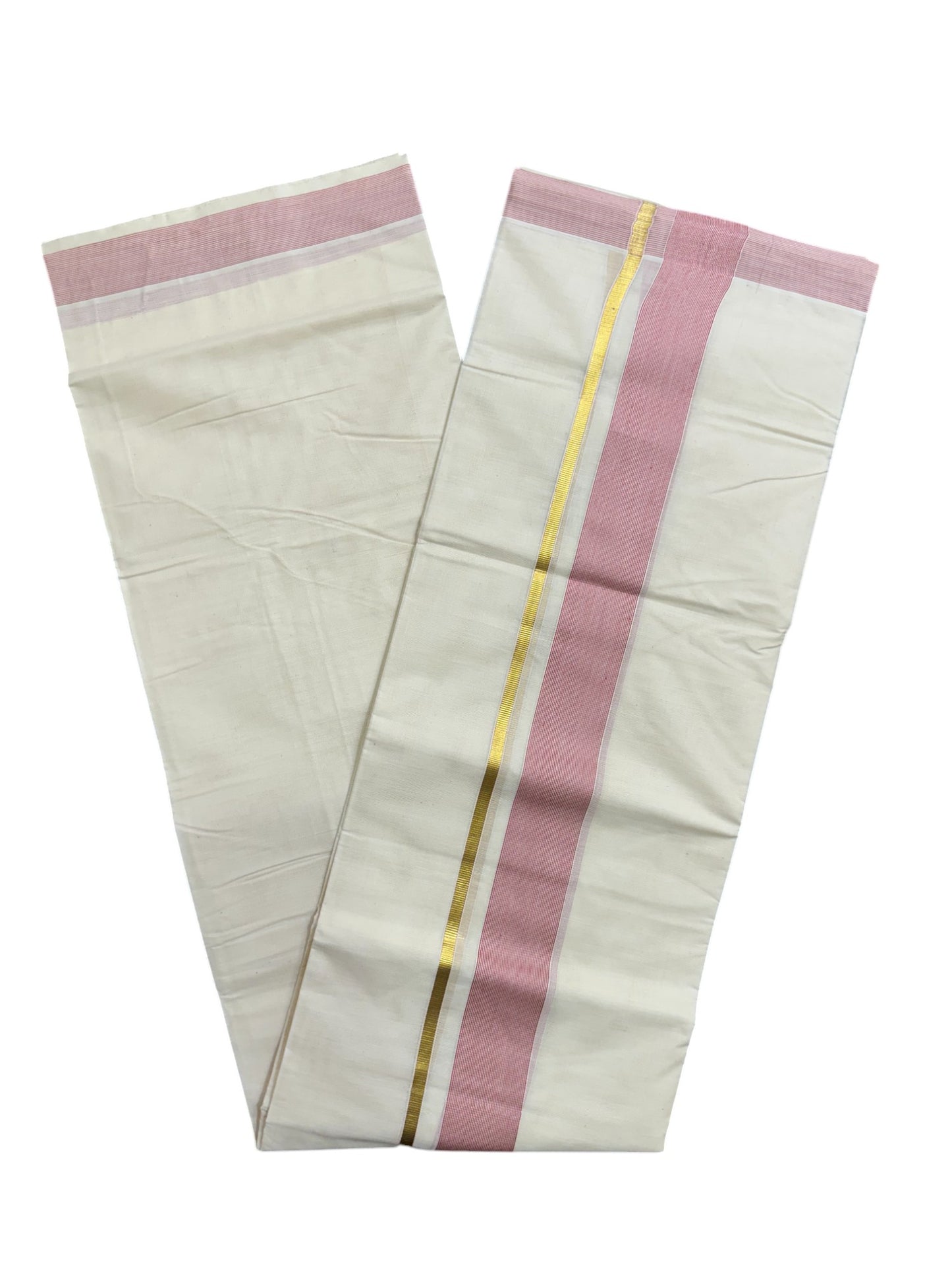 Pure Cotton Mundu with Pink Lines and Kasavu Border (South Indian Kerala Dhoti)