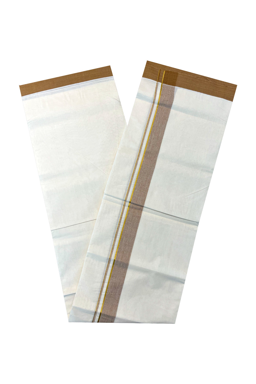 Pure Cotton Off White Double Mundu with  Kasavu and Brown Border (South Indian Kerala Dhoti)