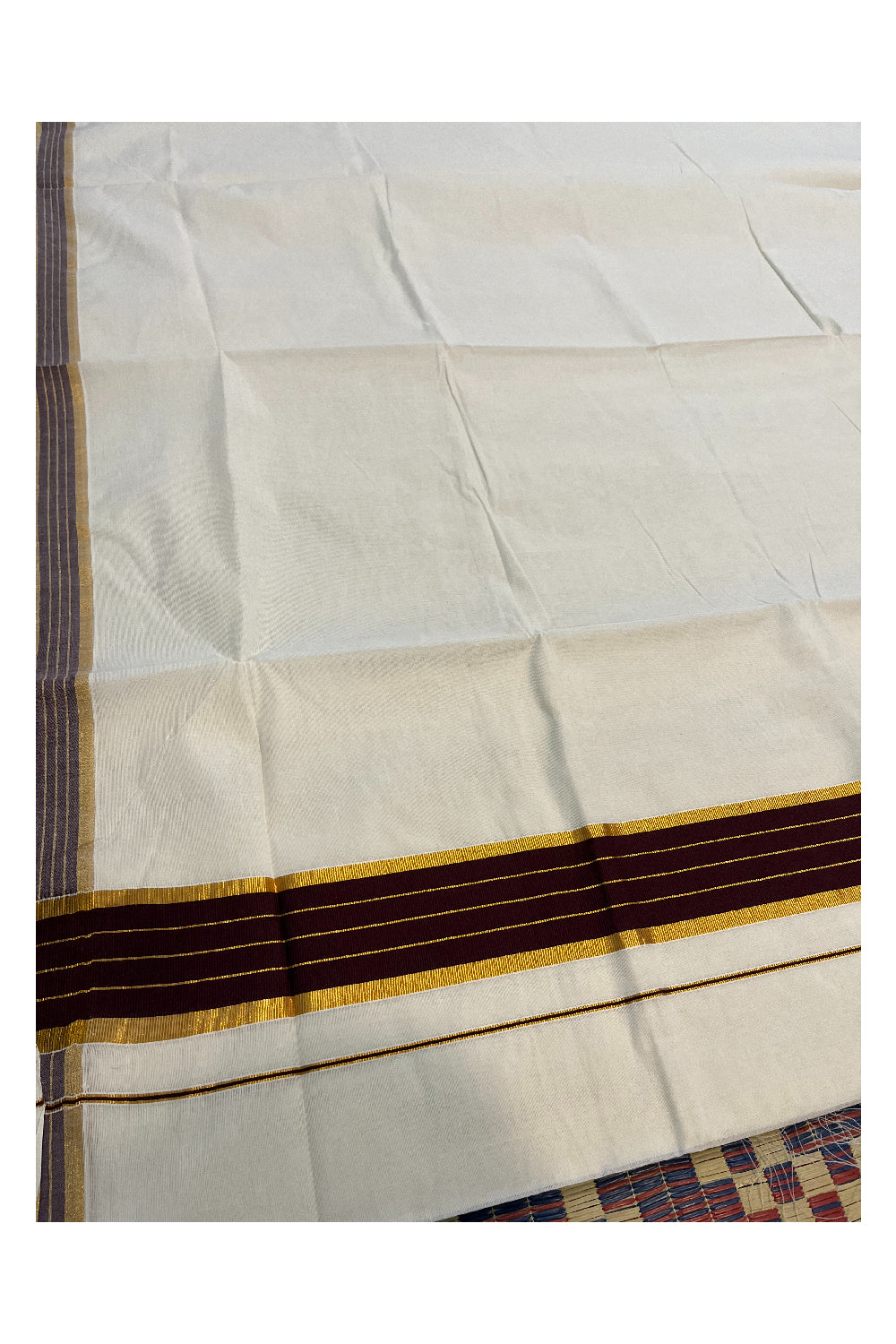 Pure Cotton Kerala Saree with Brown and Kasavu Lines Border and Pallu