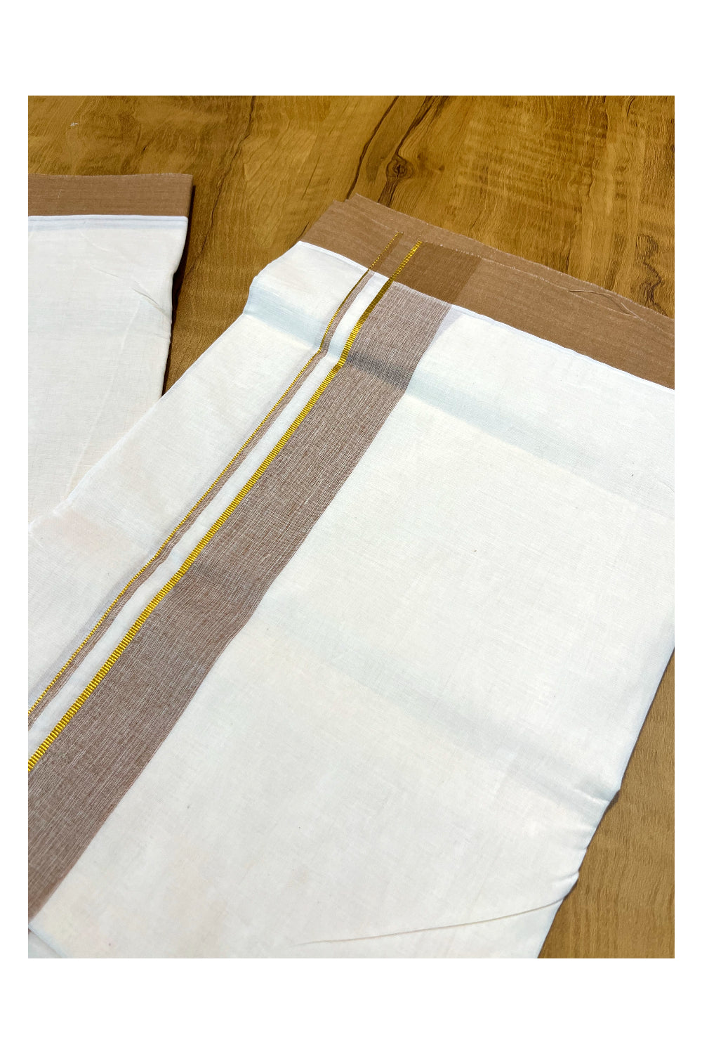 Pure Cotton Off White Double Mundu with  Kasavu and Brown Border (South Indian Kerala Dhoti)