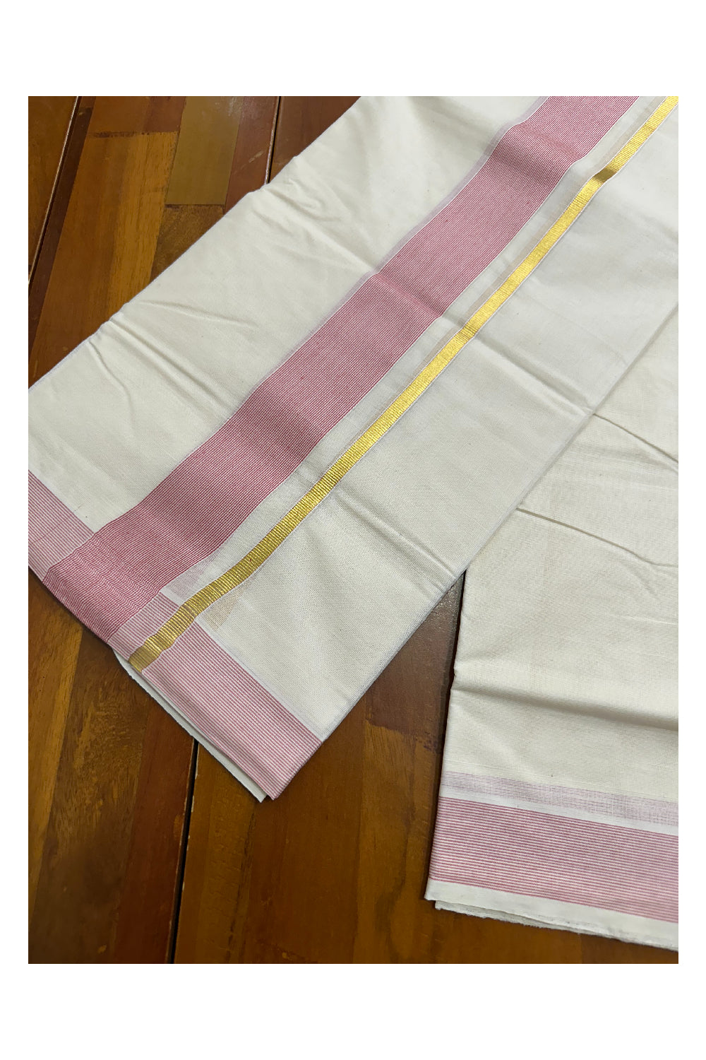 Pure Cotton Mundu with Pink Lines and Kasavu Border (South Indian Kerala Dhoti)