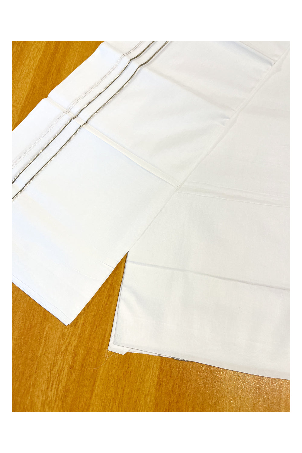 Pure White Cotton Double Mundu with Silver Olive Green Chutti Kara (South Indian Kerala Dhoti)