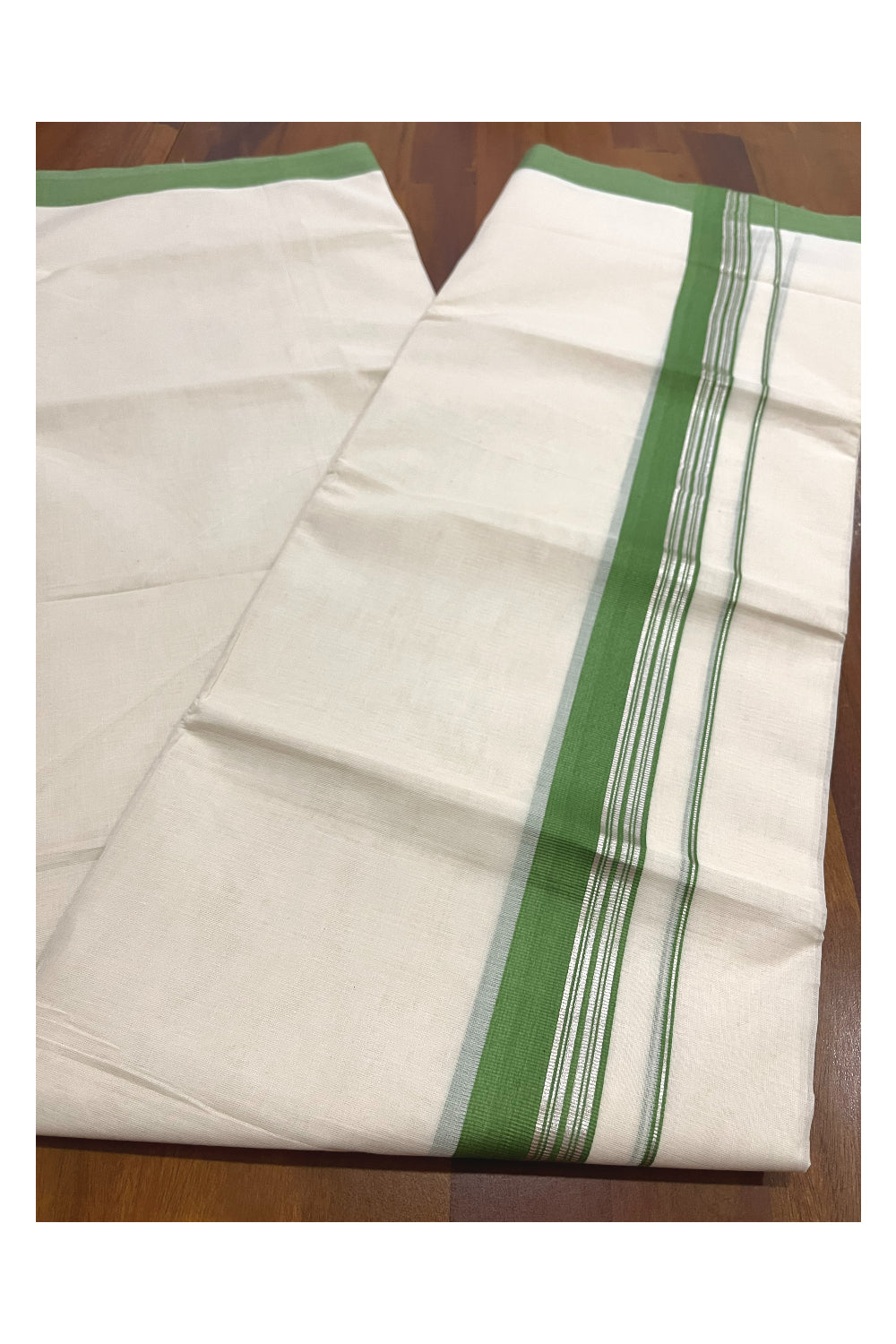 Pure Cotton 100x100 Double Mundu with Silver Kasavu and Green Border (Onam Mundu 2023)