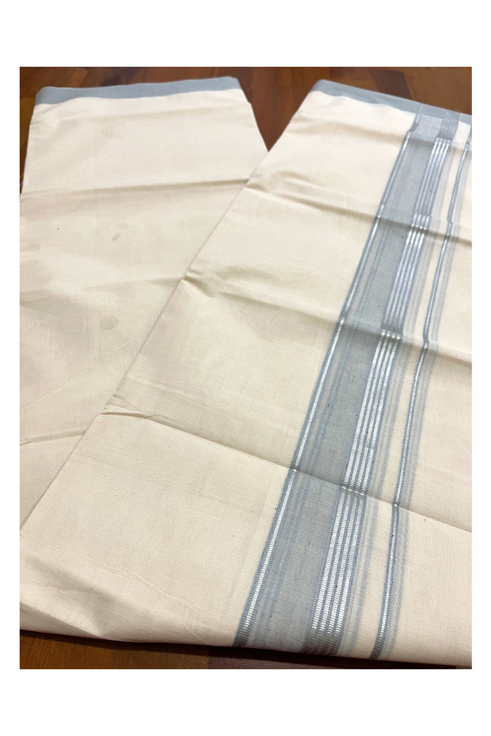 Pure Cotton 100x100 Double Mundu with Bluish Grey and Silver Kasavu Border (Onam Mundu 2023)