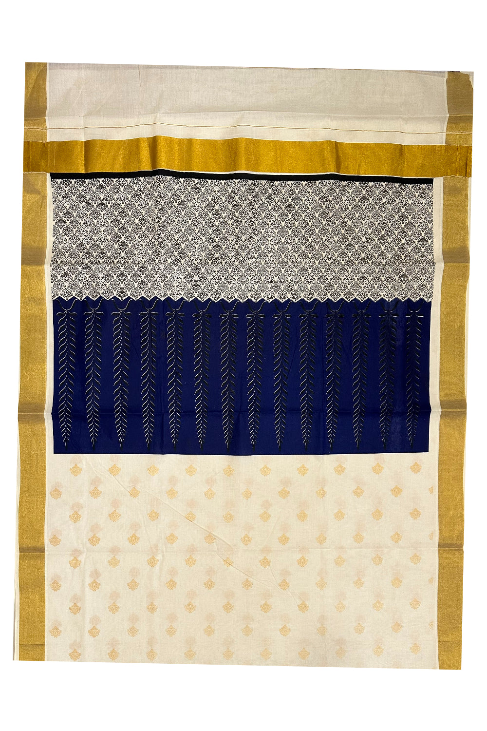 Kerala Cotton Saree with Blue Black Block Prints and Kasavu Border (Onam Saree 2023)