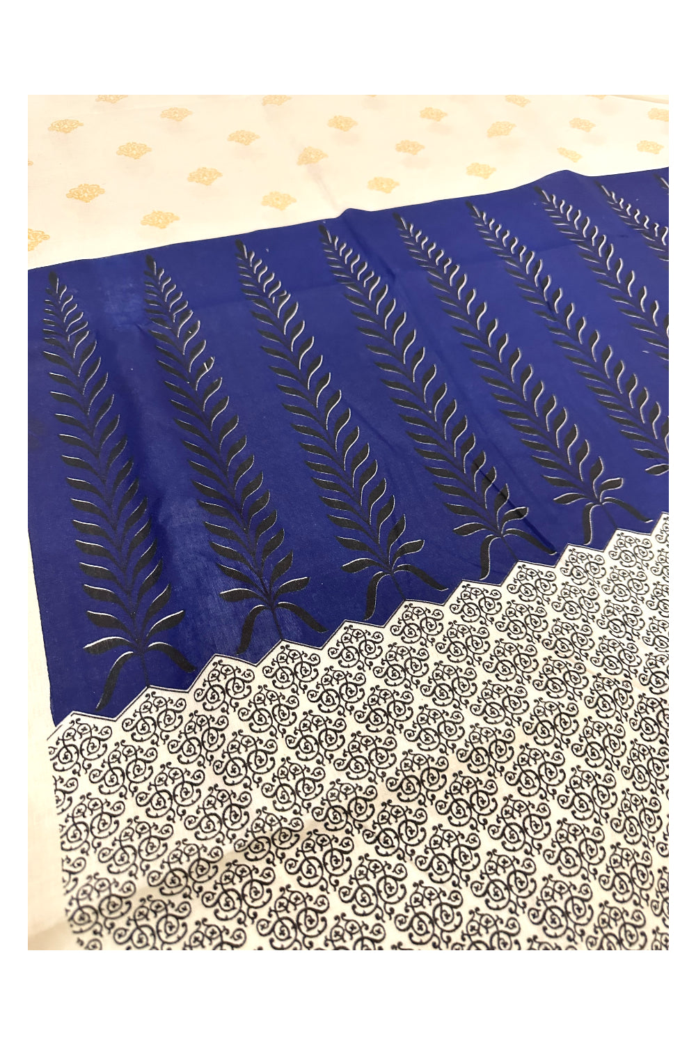 Kerala Cotton Saree with Blue Black Block Prints and Kasavu Border (Onam Saree 2023)