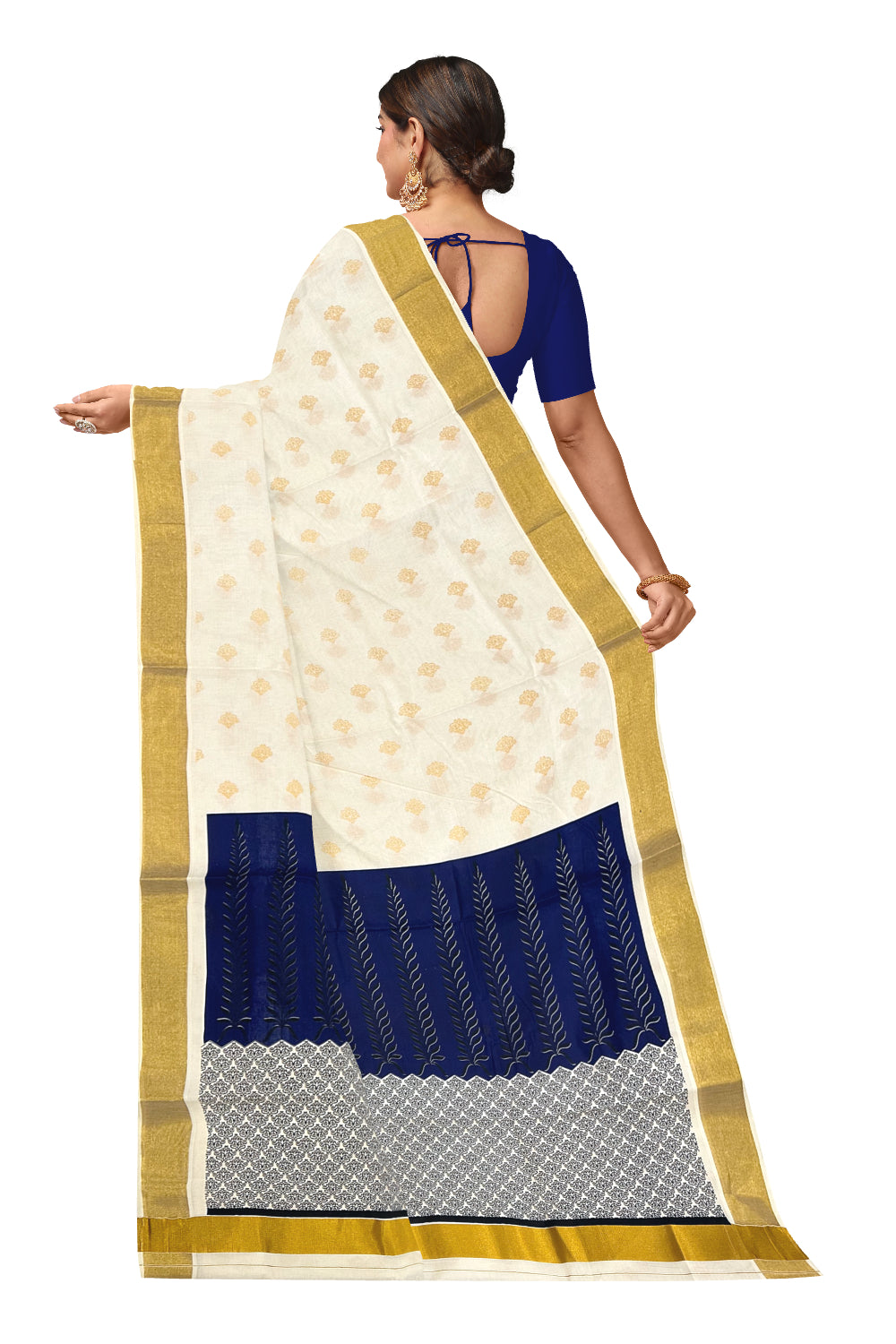 Kerala Cotton Saree with Blue Black Block Prints and Kasavu Border (Onam Saree 2023)