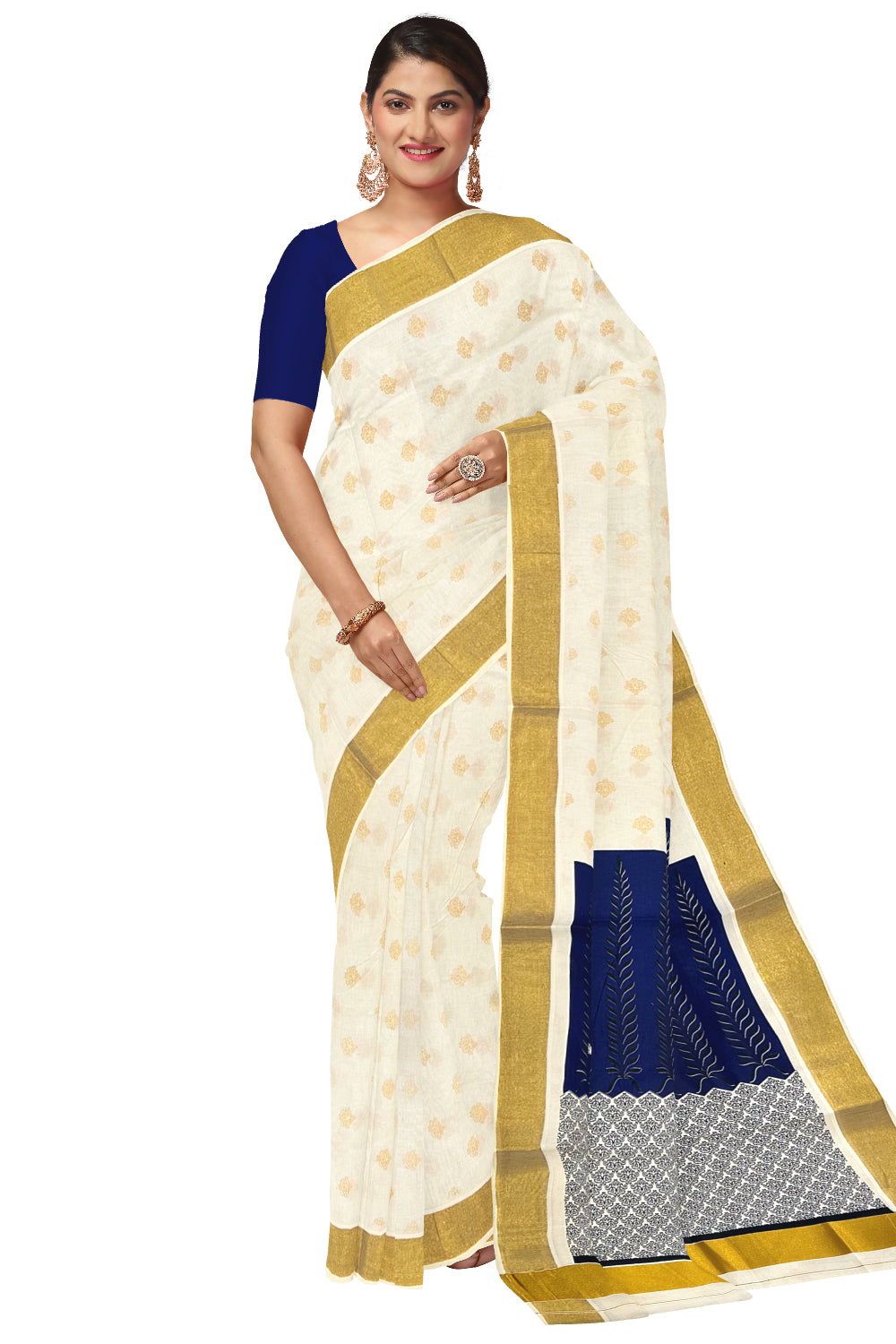 Kerala Cotton Saree with Blue Black Block Prints and Kasavu Border (Onam Saree 2023)