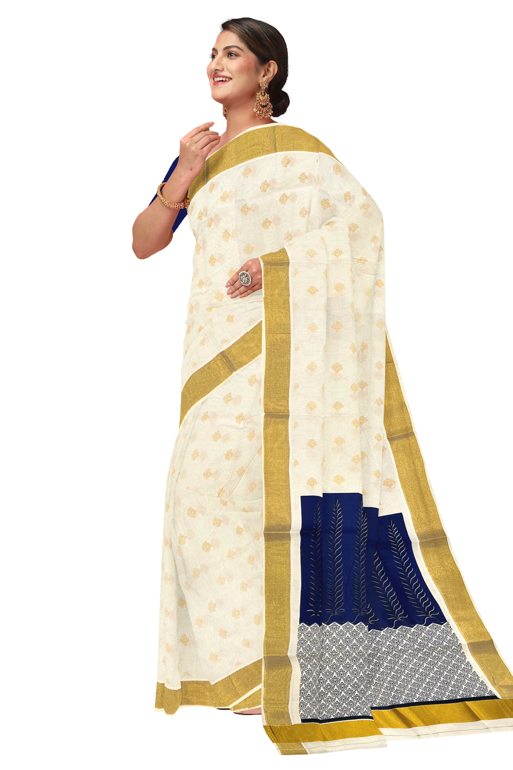 Kerala Cotton Saree with Blue Black Block Prints and Kasavu Border (Onam Saree 2023)