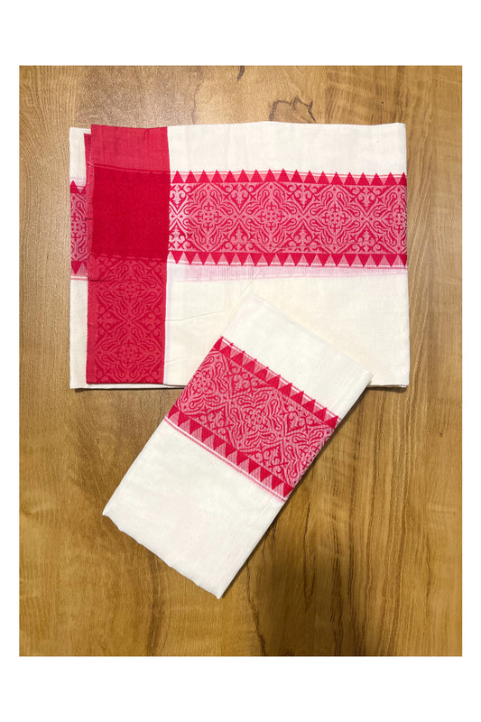 Kerala Cotton Single Set Mundu (Mundum Neriyathum) with Pink Temple Block printed Border 2.80 mtr