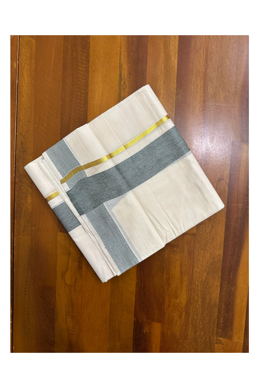 Pure Cotton Mundu with Green Lines and Kasavu Border (South Indian Kerala Dhoti)