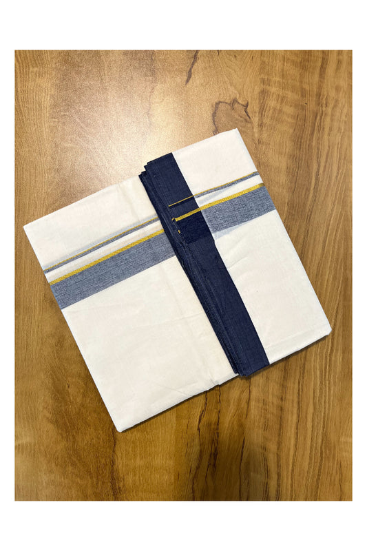Pure Cotton Off White Double Mundu with Kasavu and Blue Kara (South Indian Kerala Dhoti)