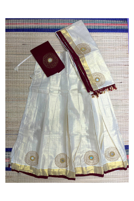 Southloom Semi Stitched Tissue Dhavani Set with Kasavu Design Pavada and Maroon Beats Work Blouse Piece