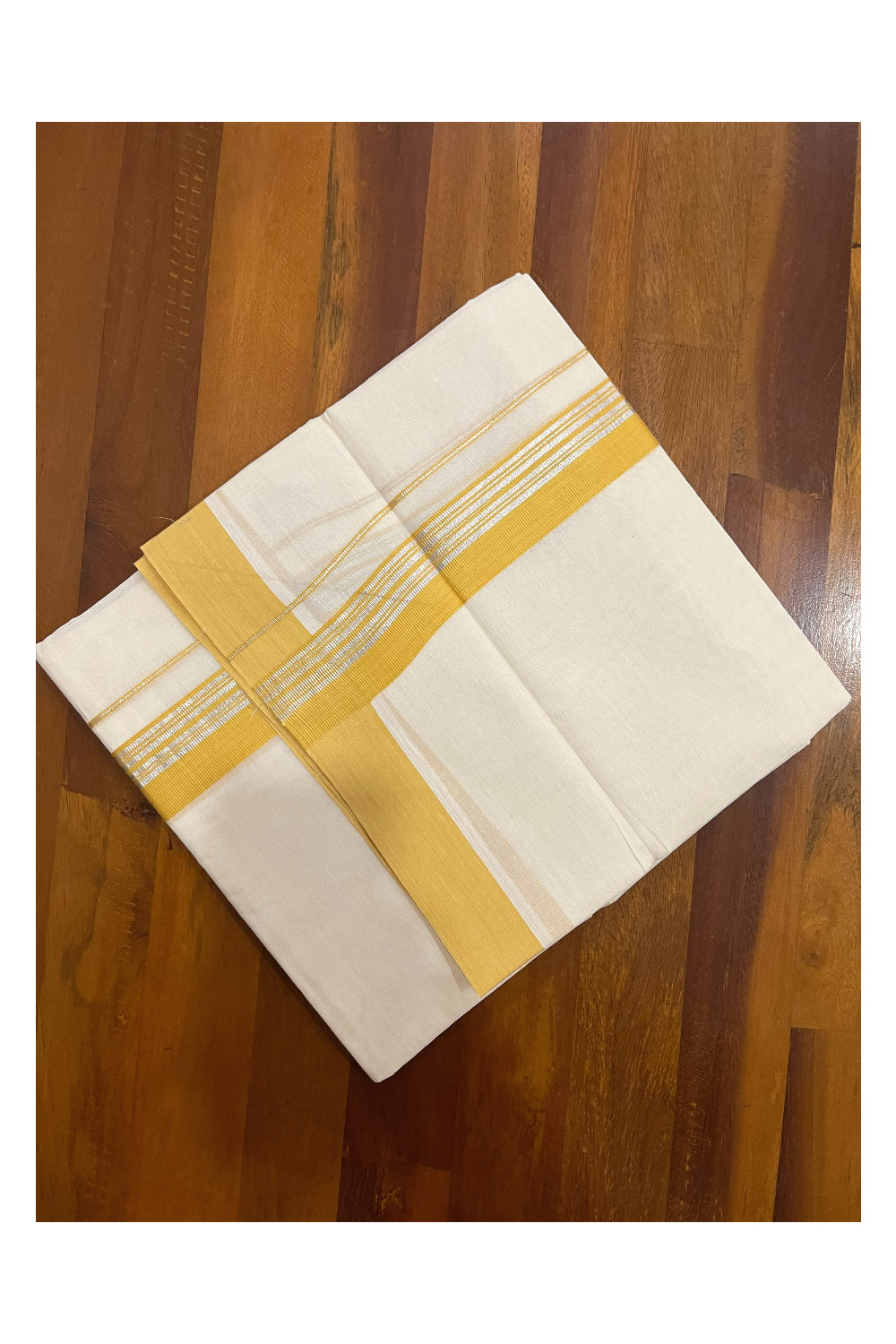 Pure Cotton 100x100 Double Mundu with Silver Kasavu and Yellow Border (Onam Mundu 2023)