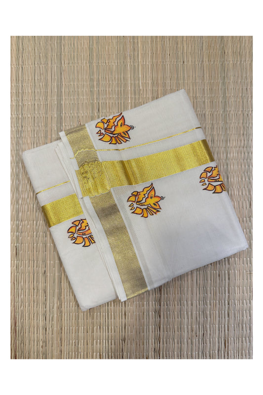 Off White Pure Cotton Double Mundu with Mural Hand Painted Design on Golden Kasavu Kara (South Indian Dhoti)