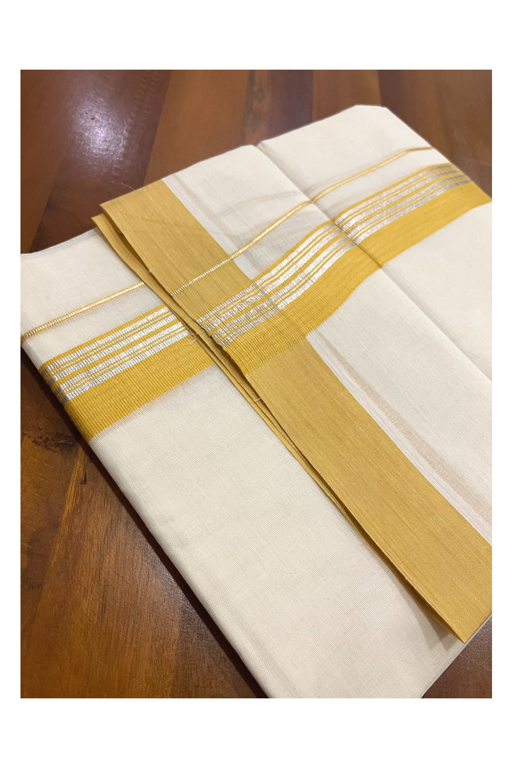 Pure Cotton 100x100 Double Mundu with Silver Kasavu and Yellow Border (Onam Mundu 2023)