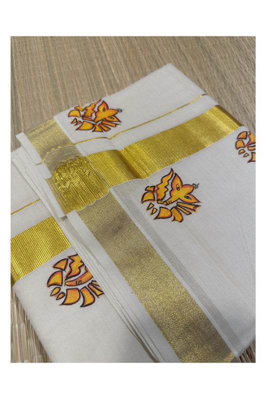 Off White Pure Cotton Double Mundu with Mural Hand Painted Design on Golden Kasavu Kara (South Indian Dhoti)