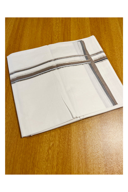 Pure White Cotton Double Mundu with Silver Brown And Black Border (South Indian Kerala Dhoti)