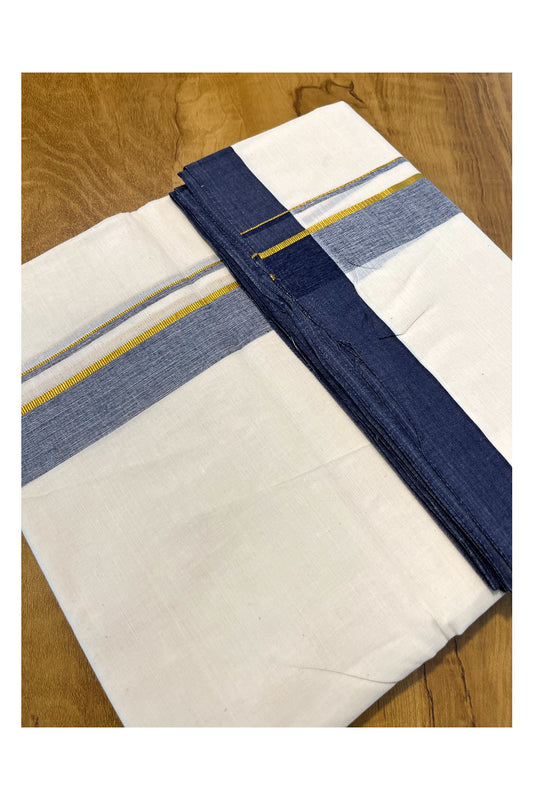 Pure Cotton Off White Double Mundu with Kasavu and Blue Kara (South Indian Kerala Dhoti)