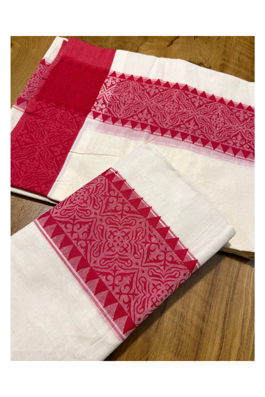 Kerala Cotton Single Set Mundu (Mundum Neriyathum) with Pink Temple Block printed Border 2.80 mtr