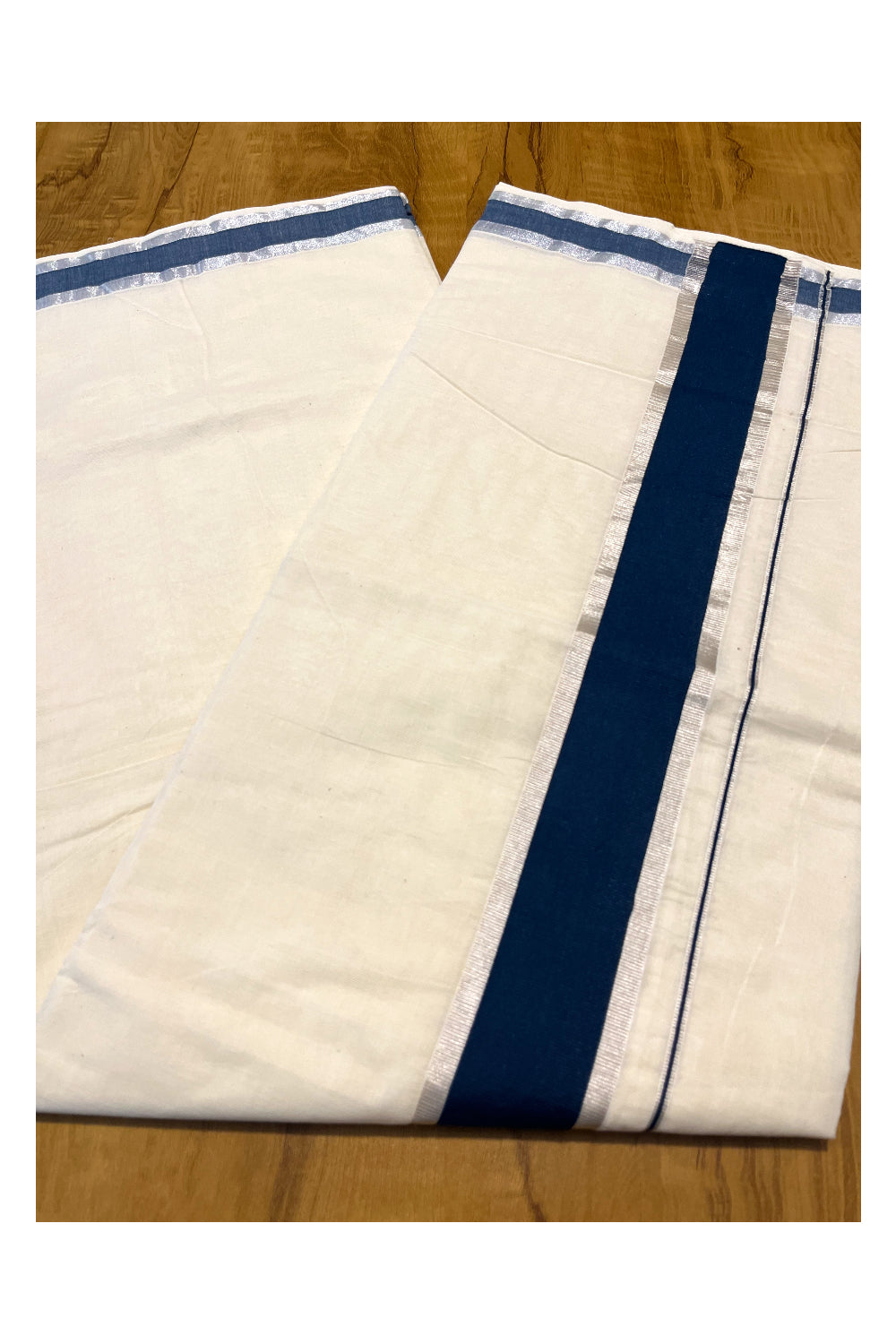 Kerala Pure Cotton Plain Saree with Silver Kasavu and Dark Teal Blue Border