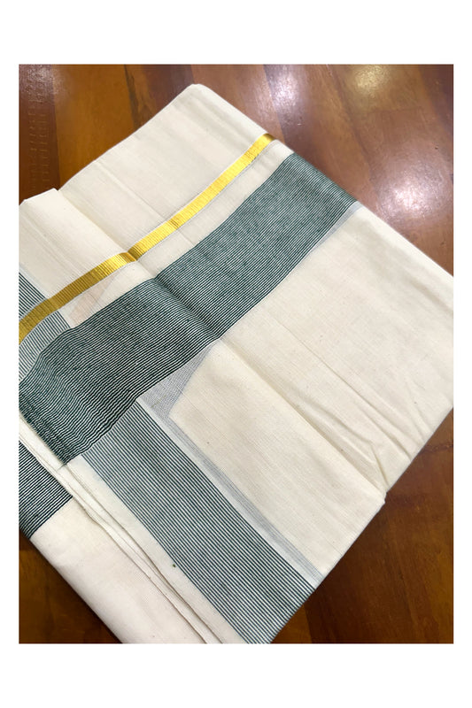 Pure Cotton Mundu with Green Lines and Kasavu Border (South Indian Kerala Dhoti)