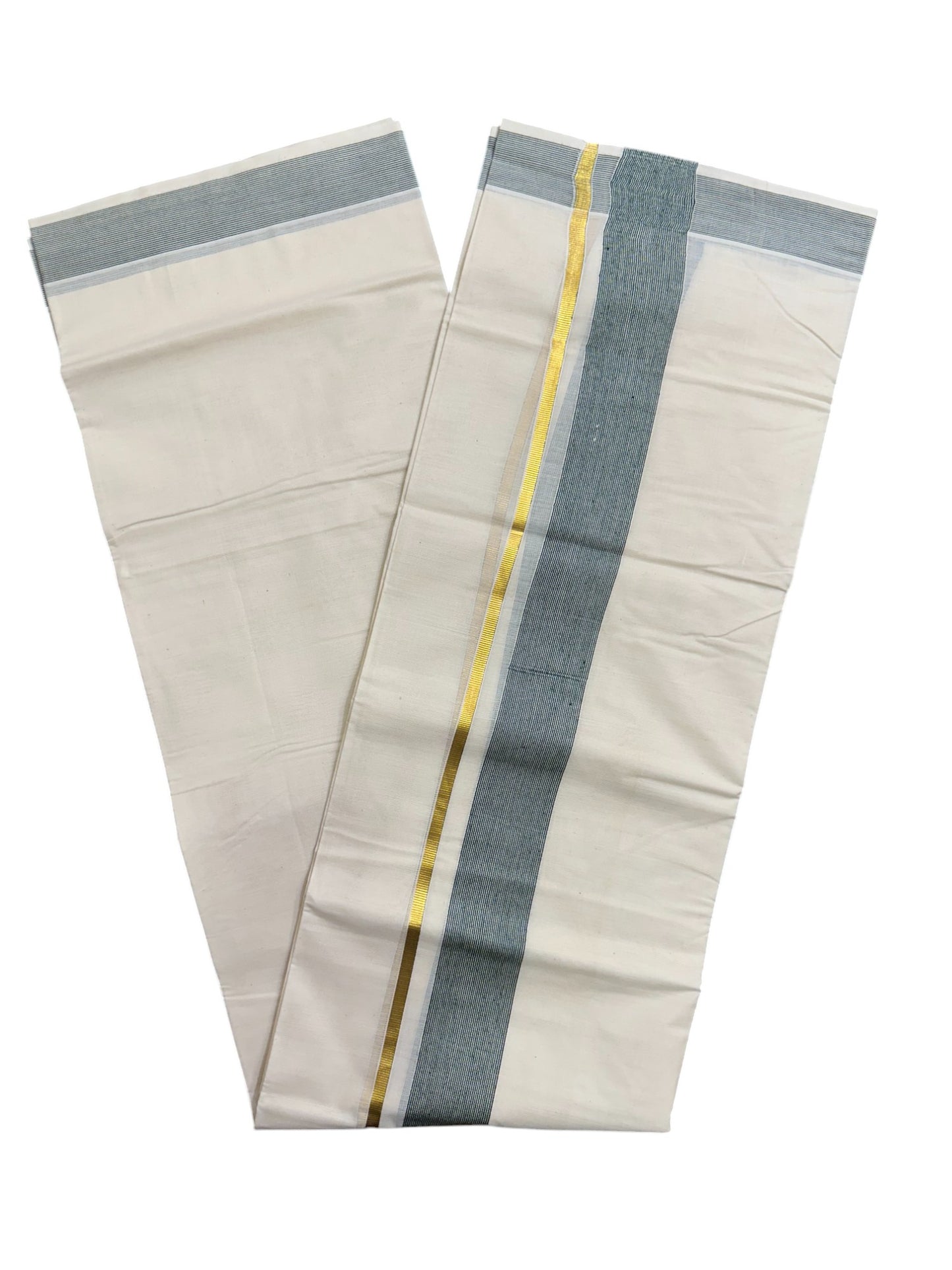 Pure Cotton Mundu with Green Lines and Kasavu Border (South Indian Kerala Dhoti)