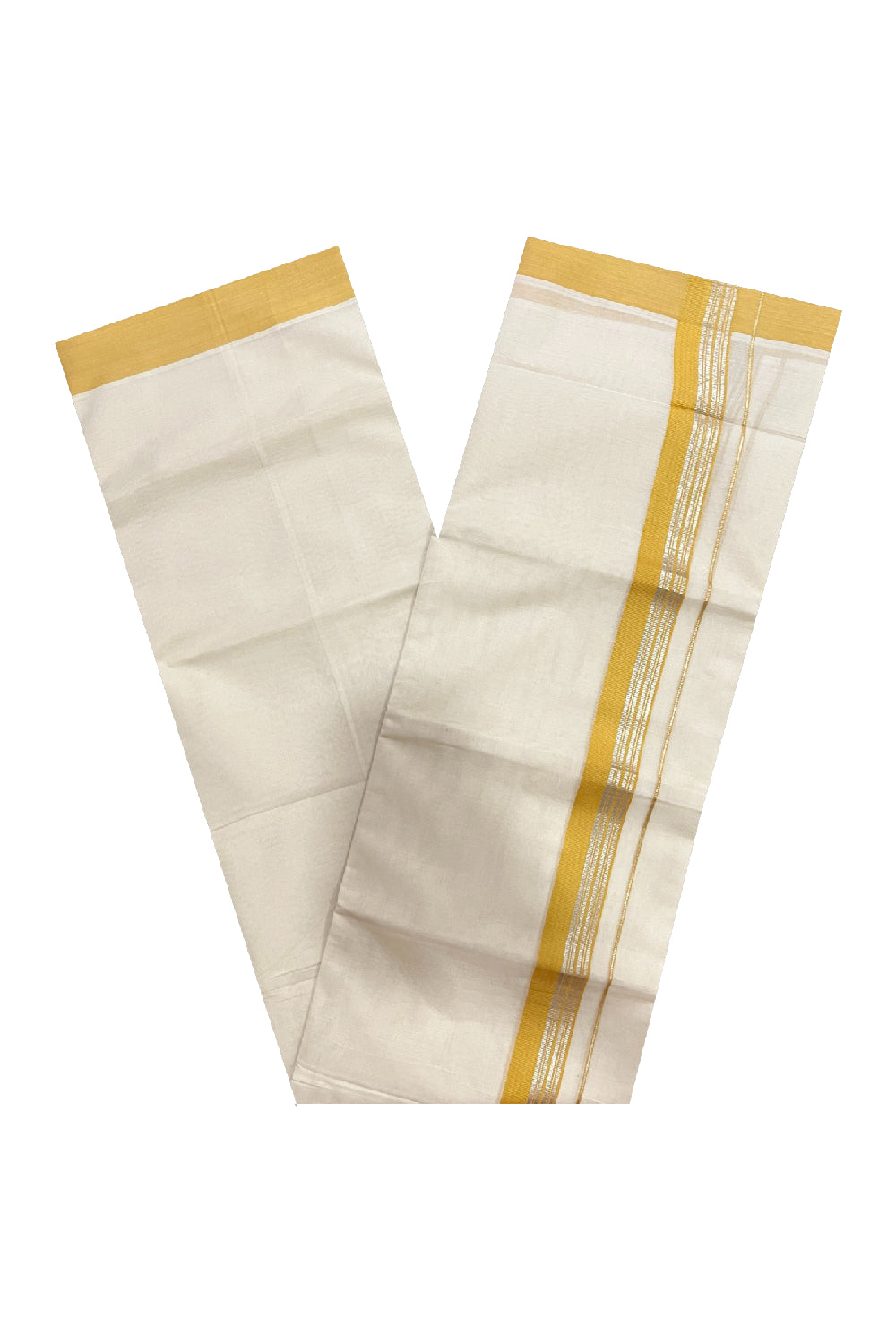 Pure Cotton 100x100 Double Mundu with Silver Kasavu and Yellow Border (Onam Mundu 2023)