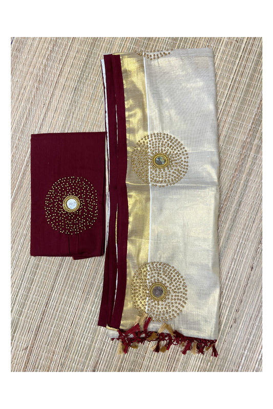 Southloom Semi Stitched Tissue Dhavani Set with Kasavu Design Pavada and Maroon Beats Work Blouse Piece