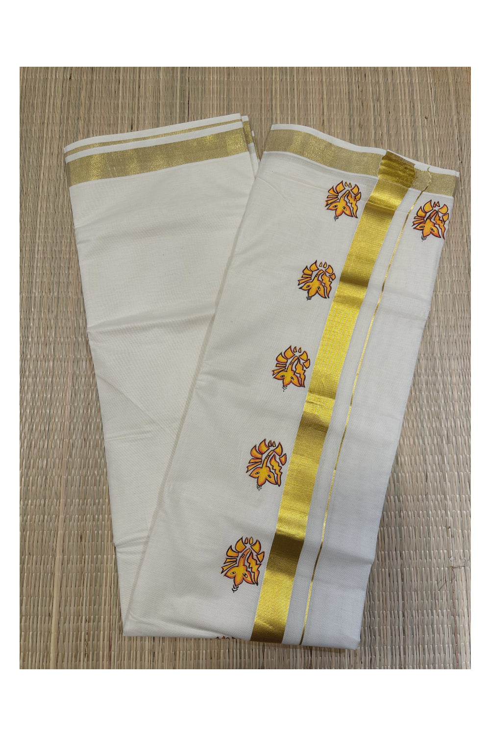 Off White Pure Cotton Double Mundu with Mural Hand Painted Design on Golden Kasavu Kara (South Indian Dhoti)