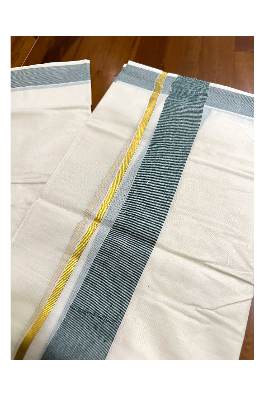 Pure Cotton Mundu with Green Lines and Kasavu Border (South Indian Kerala Dhoti)