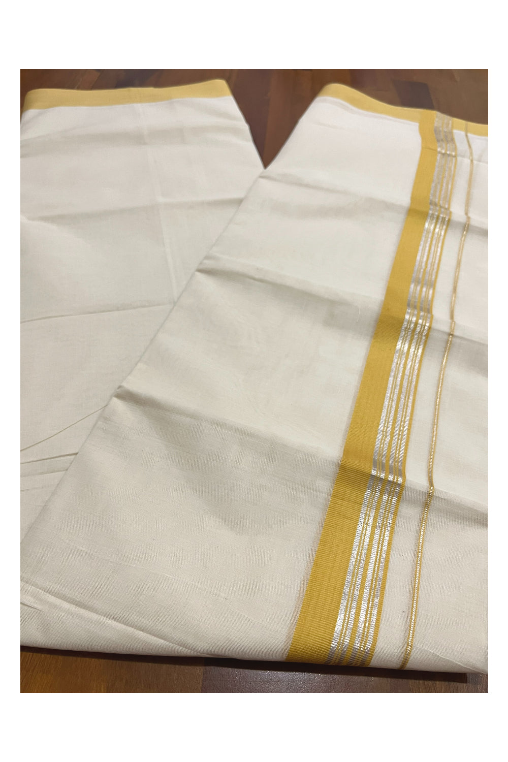 Pure Cotton 100x100 Double Mundu with Silver Kasavu and Yellow Border (Onam Mundu 2023)