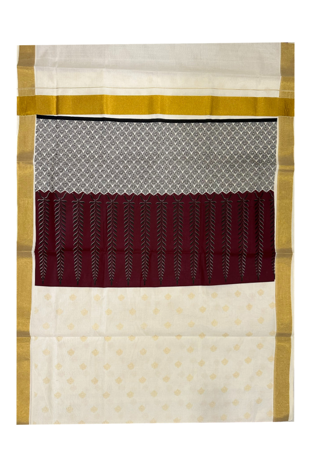 Kerala Cotton Saree with Maroon Black Block Prints and Kasavu Border (Onam Saree 2023)