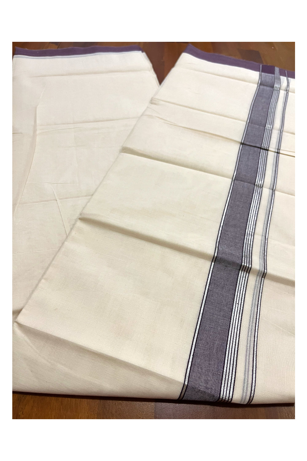 Pure Cotton 100x100 Double Mundu with Purple and Silver Kasavu Border (Onam Mundu 2023)