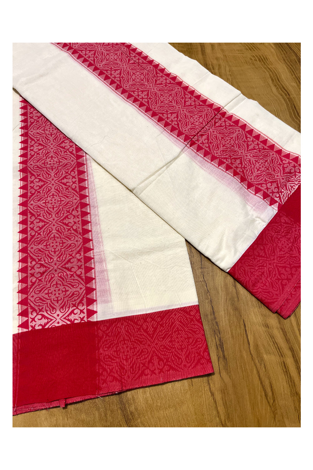 Kerala Cotton Single Set Mundu (Mundum Neriyathum) with Pink Temple Block printed Border 2.80 mtr